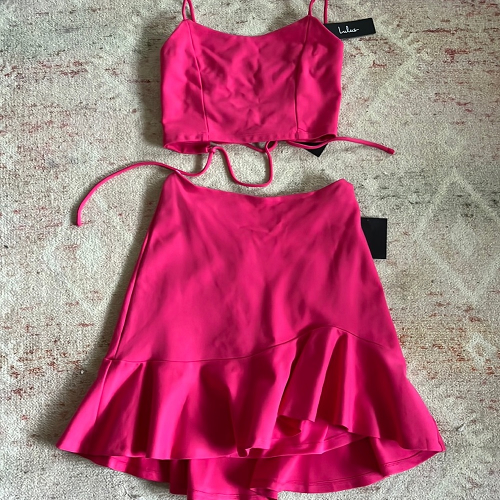 Lulus Pink 2 piece lace up top and skirt